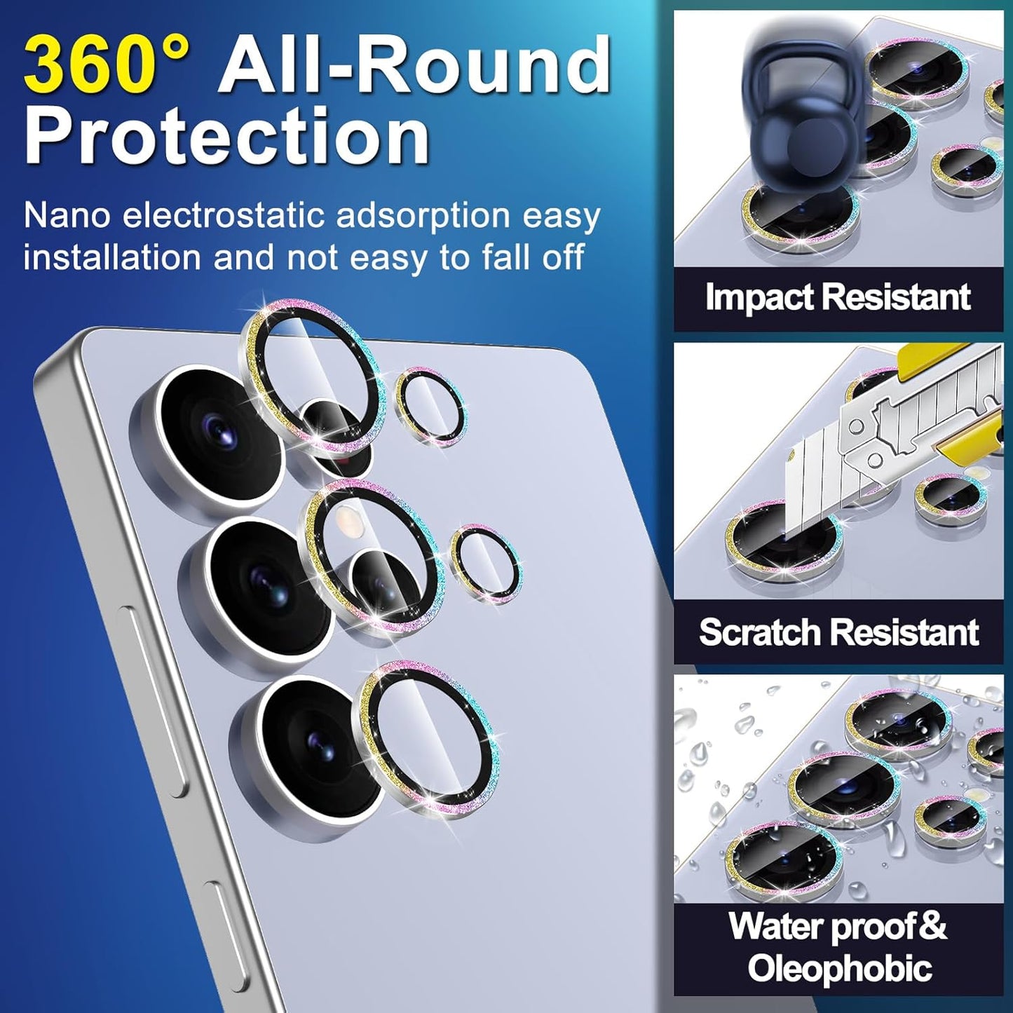 for Samsung Galaxy S25 Ultra Camera Lens Protector, Individual Metal Ring Tempered Glass Lens Cover, [Strong Adsorption] Scratch Resistant Ultra-Thin HD Clear Lens Cover,1 Set-Colorful Sparkly