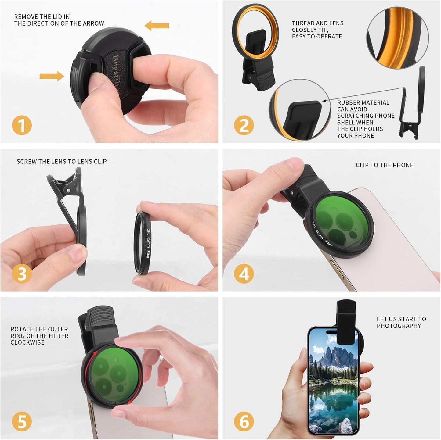 52MM CPL Filter for Phone, Clip-on Circular Polarizing Lens, HD Multi-Coated Optical Glass, Camera Lens Filter Kit Compatible with iPhone 16 15 14, Samsung, Google Pixel and Other Smart Phones