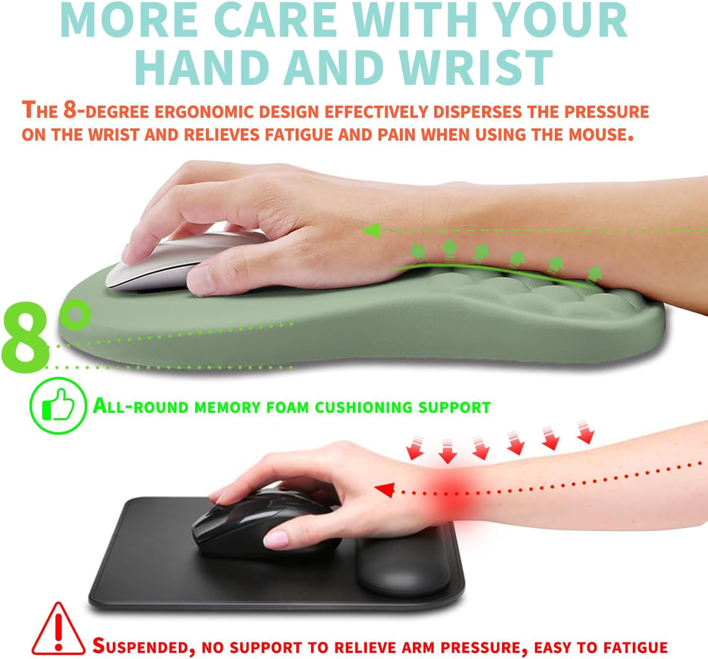 Ergonomic Mouse Pad Wrist Support with Memory Foam Massage Bulge, Carpal Tunnel Pain Relief Mousepad Wrist Rest for Mouse(12x8 inch, Light Green)