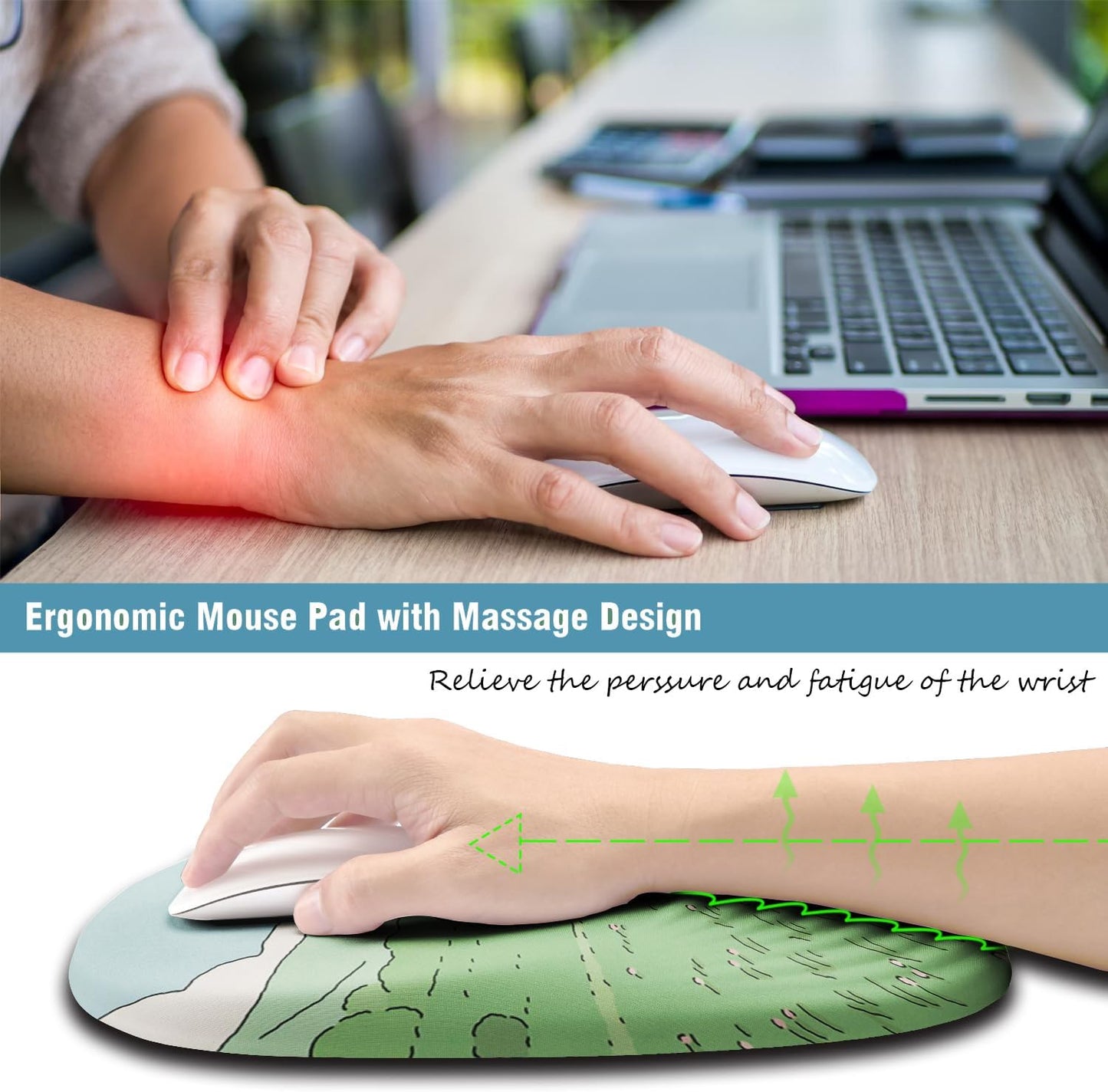 Ergonomic Mouse Pad Wrist Support, Mouse Pad with Wrist Rest, Memory Foam Massage Design & Non-Slip PU Base MousePads for Pain Relief, Desk, Office, Home, Kawaii Japanese Anime