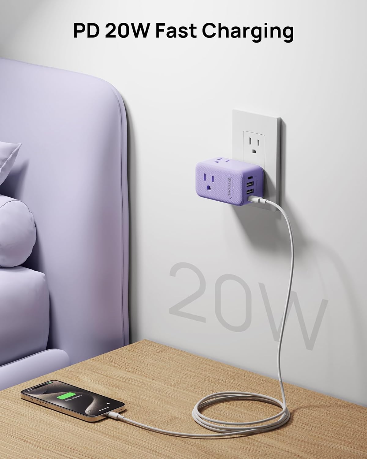 TROND Multi Plug Wall Outlet, 3 AC Outlet Extender with 360 Rotating Plug, Small Wall Adapter with PD 20W USB C, Cute and Durable for Purple Lovers, Goes with All Scenes Purple Vibe