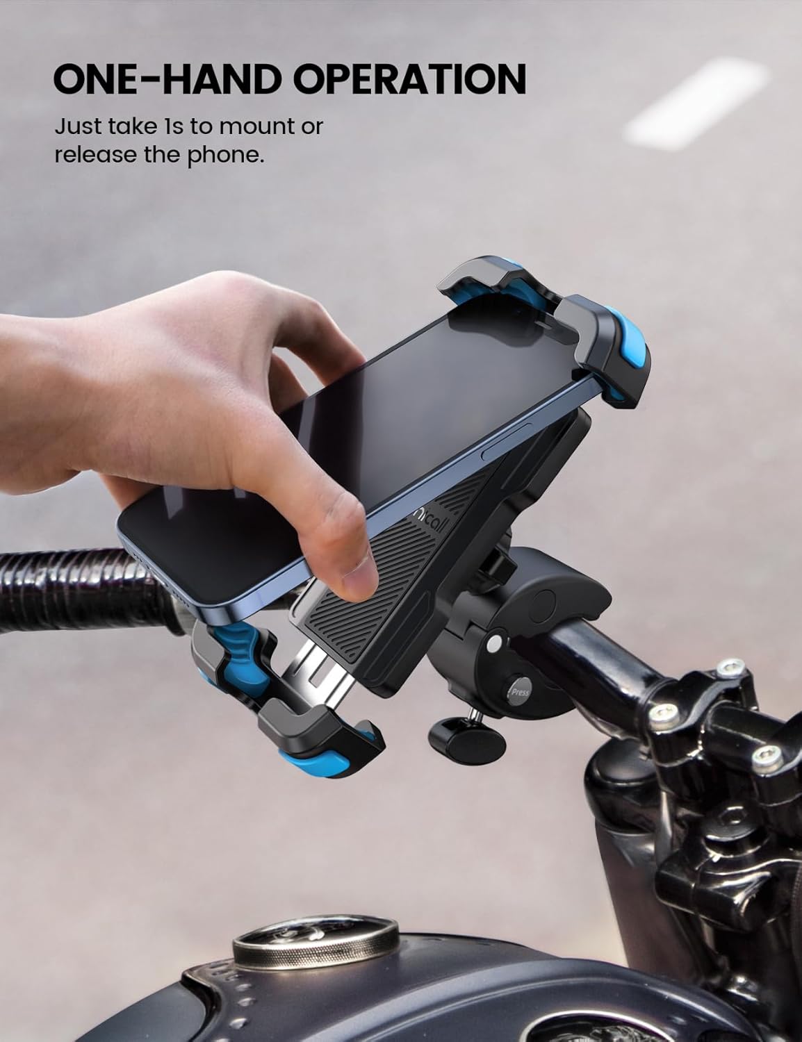 Lamicall Motorcycle Bike Phone Mount - Upgrade Quick Install Handlebar Holder Clip for Bicycle Scooter, Cell Phone Clamp for iPhone 15 14 13 Pro Max, Galaxy S24 and More 4.7-6.8" Phone, Blue