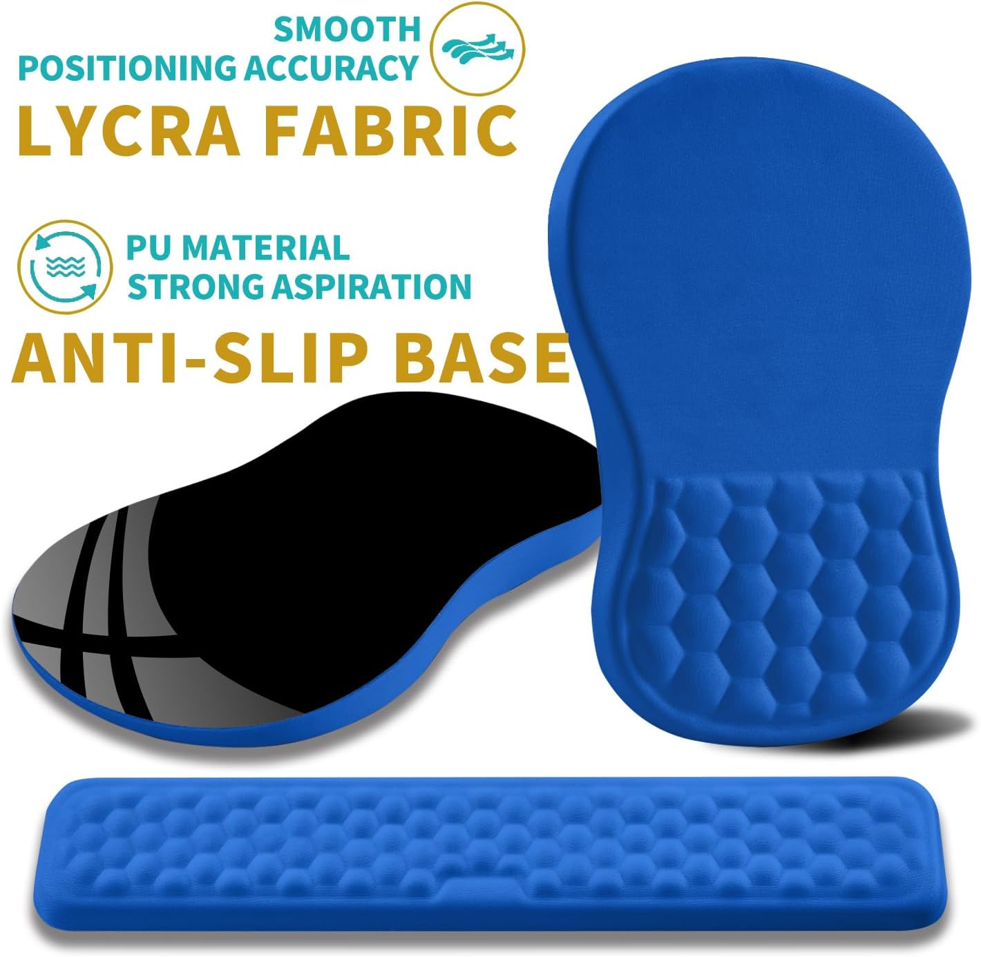 Hokafenle 2 in 1 Ergonomic Mouse Pad Wrist Support & Wrist Rest for Computer Keyboard Set, with Relieve Carpal Tunnel Pain Massage Bulge and Full Memory Gel Design (2In1 Set, Dg Blue)