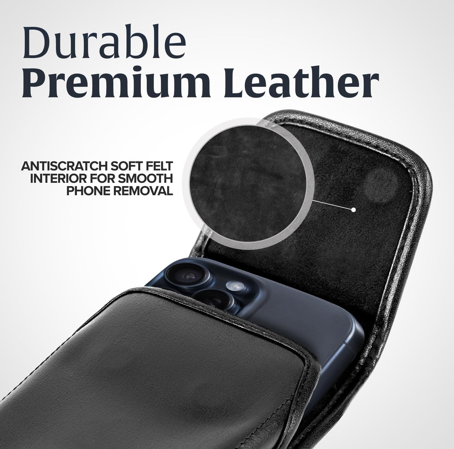 Turtleback Belt Holder for iPhone 16 Pro, 16e, 15 Pro 14 Pro 13 Pro -Small- Fits w/Slim MagSafe Style Cases, Premium Black Leather Vertical Belt Holster Magnetic Closure Leather Wrapped Belt Clip