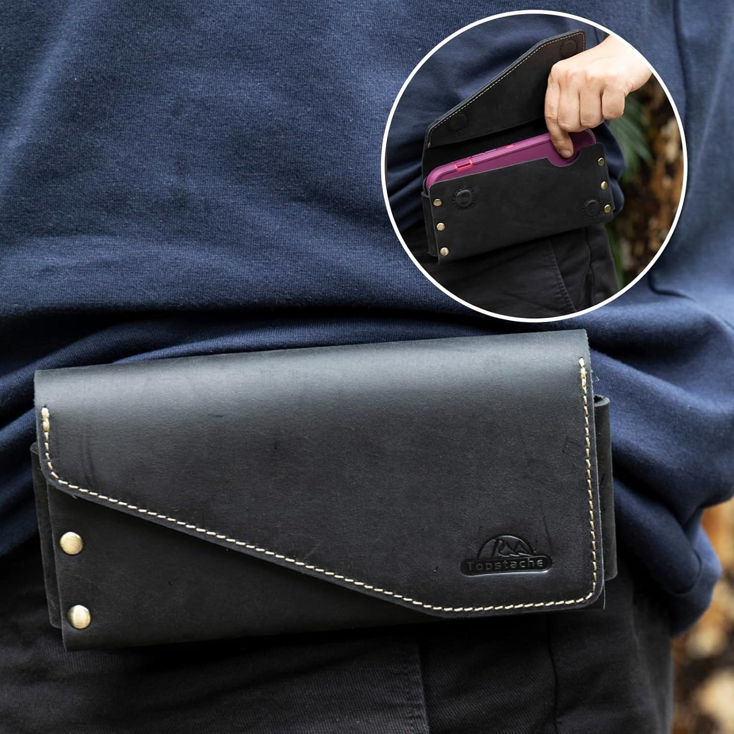 topstache Leather Phone Holster with Belt Loop, Magnetic Closure Cell Case Card Holder Wallet,Leather Pouch for iPhone 14 Pro,Galaxy S23(Fits Otterbox on) L,Black, Belt Loop-Black (C0403)