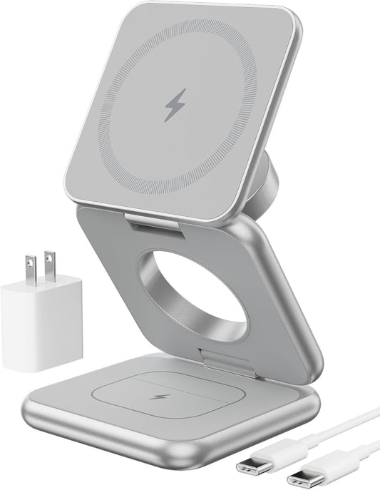 Foldable Magnetic Wireless Charger, KU XIU X40 Aluminum Alloy 3-in-1 Charging Station for Apple, Fast Charging Travel Charger for iPhone 16 15 14 13 12Series, 5W Apple Watch 1-10/Ultra, AirPods,Silver