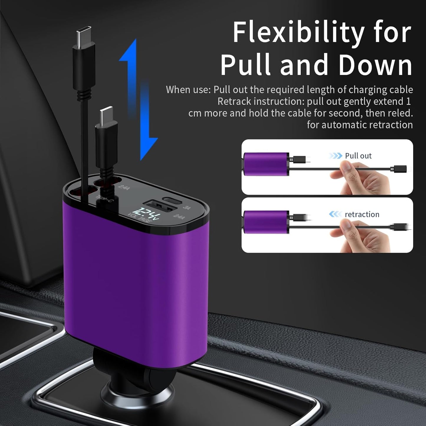 Retractable Car Charger Compatible with Galaxy Pixel, 4 in 1 Fast Charging 60W, Retractable Phone Charger for Car Retractable Cable and 2 USB Ports