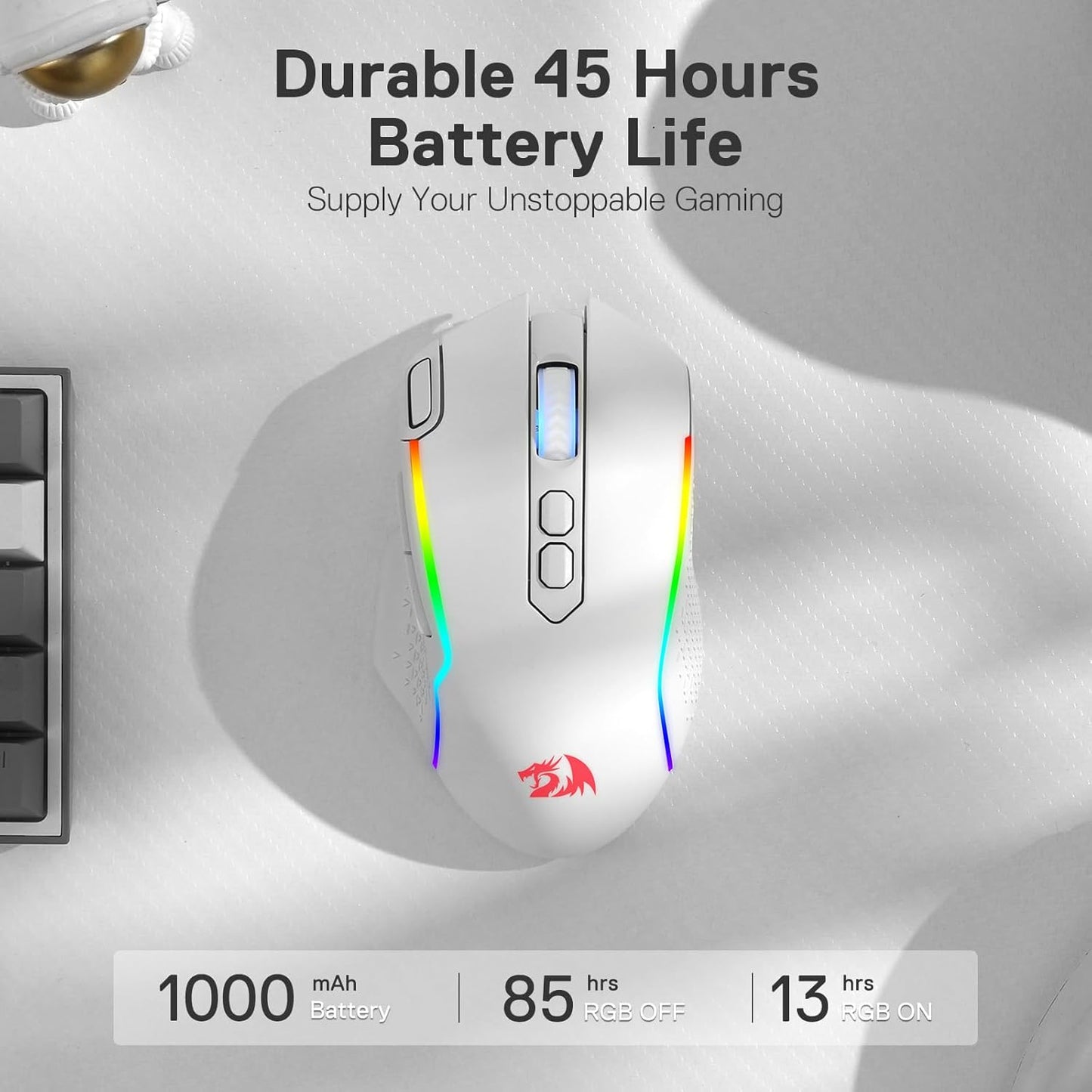 Redragon M810 Pro Wireless Gaming Mouse, 10000 DPI Wired/Wireless Mouse w/Rapid Fire Key, 8 Macro Buttons, 45-Hour Power Capacity and RGB Backlit for PC/Mac/Laptop