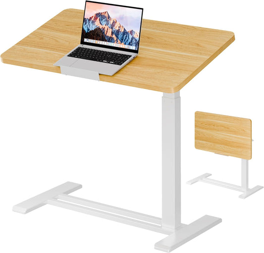 SANODESK Medical Adjustable Overbed Bedside Table with Casters 90° Tilt Top Pneumatic Mobile Rolling Laptop Computer Standing Desk Cart with Tray, Hospital and Home Use(31.5" W x 17.7" D, Maple)