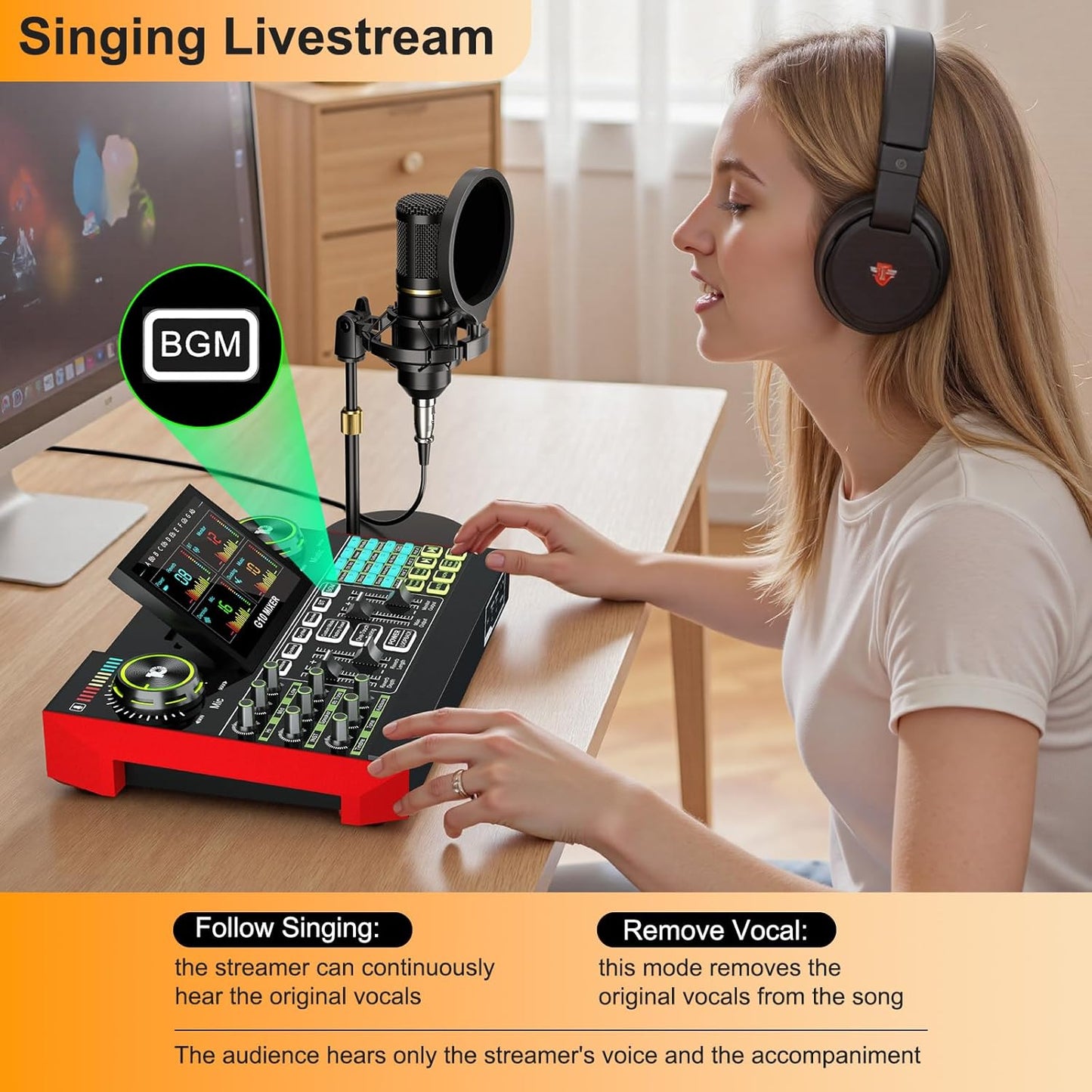 Podcast microphone bundle, live sound card, streaming audio mixer, podcast equipment bundle for PC/mobile live streaming, singing, gaming, soundboard with voice changer and noise reduction function