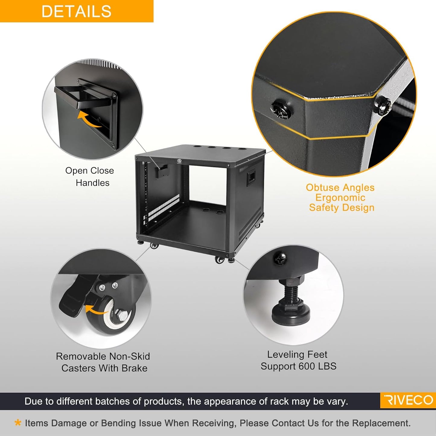RIVECO POMU 18U Stereo & Server Rack with Caster Wheels, Rolling Network Cabinet, Open Frame for 19 inches Audio Video Music Recording & IT Equipment, Obtuse Angel, Lifting Handle
