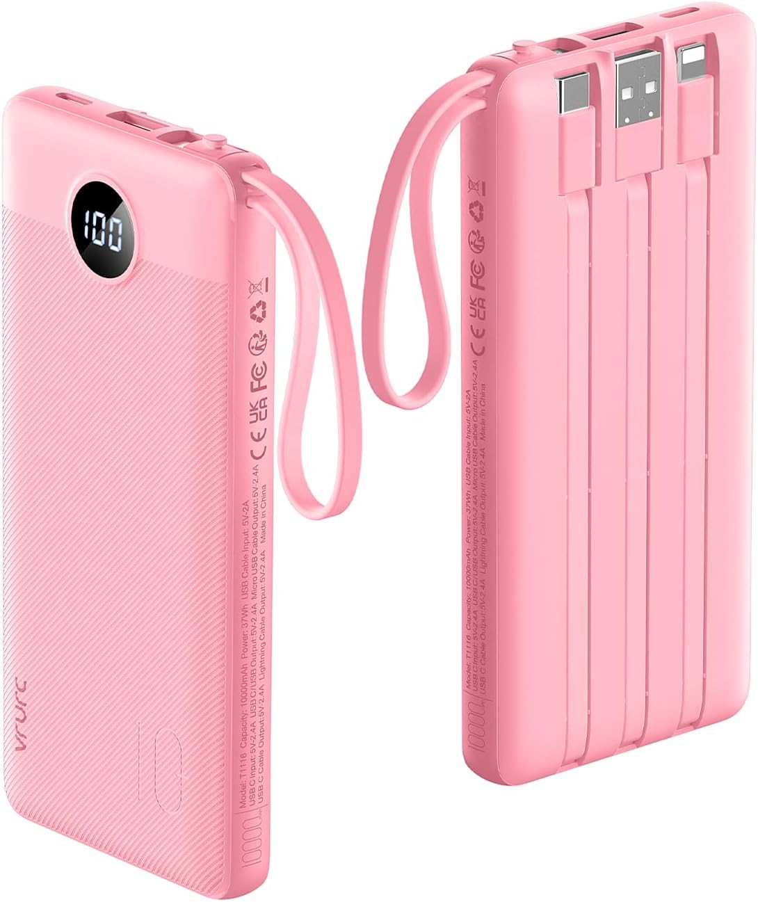 VRURC Portable Charger Power Bank, 10000mAh Travel Essentials Battery Pack, 5 Outputs 2 Inputs Slim Charging Bank Built-in Cables Cords Wires Compatible with iPhone,Samsung,Android-Barbie Pink(1 Pack)