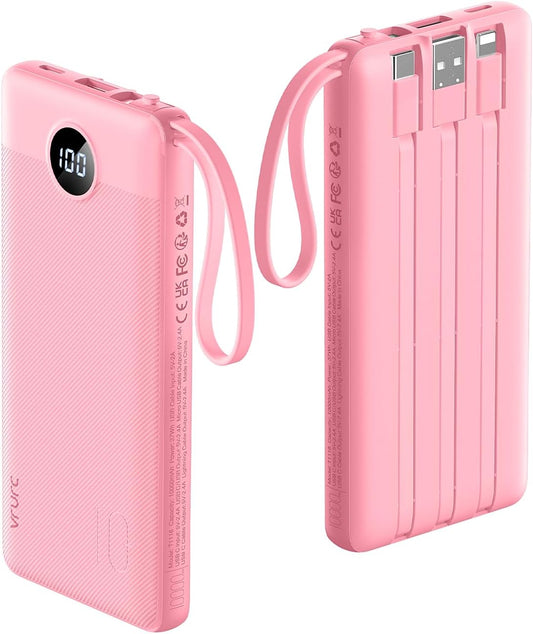 VRURC Portable Charger Power Bank, 10000mAh Travel Essentials Battery Pack, 5 Outputs 2 Inputs Slim Charging Bank Built-in Cables Cords Wires Compatible with iPhone,Samsung,Android-Barbie Pink(1 Pack)