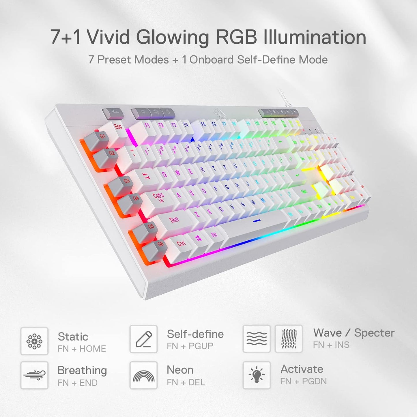 Redragon K512 Shiva RGB Backlit Membrane Gaming Keyboard with Multimedia Keys, Linear Mechanical-Feel Switch, 6 Extra On-Board Macro Keys, Dedicated Media Control, Detachable Wrist Rest, White