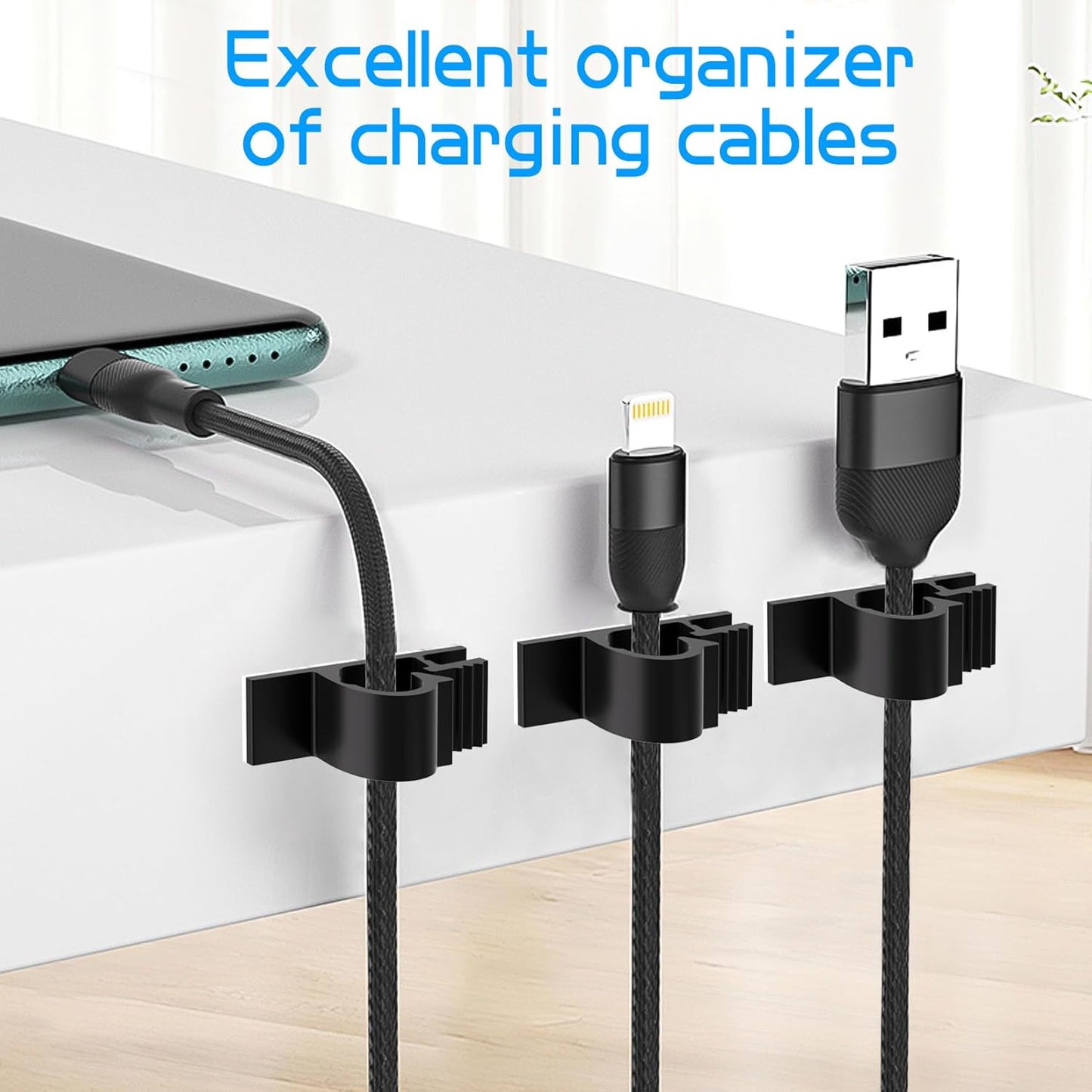 XHF 100pcs Adhesive Cable Wire Clips Black, Outdoor Cable Management Wire Organizer Cord Holder for Under Desk, Car, Wall, TV PC Ethernet Cable