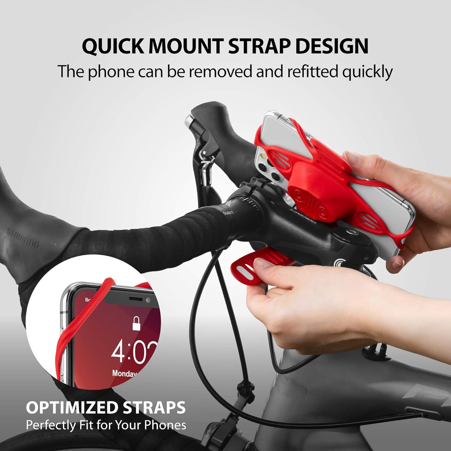 BONE】 Bike Tie Pro 4 Bike Phone Mount Bicycle Phone Holder for Stem Mounting 4.7"-7.2" Cell Phones, Ultra Light Phone Mount for Bike Motorcycle, Designed for Road Touring Bicycle Accessories - Red
