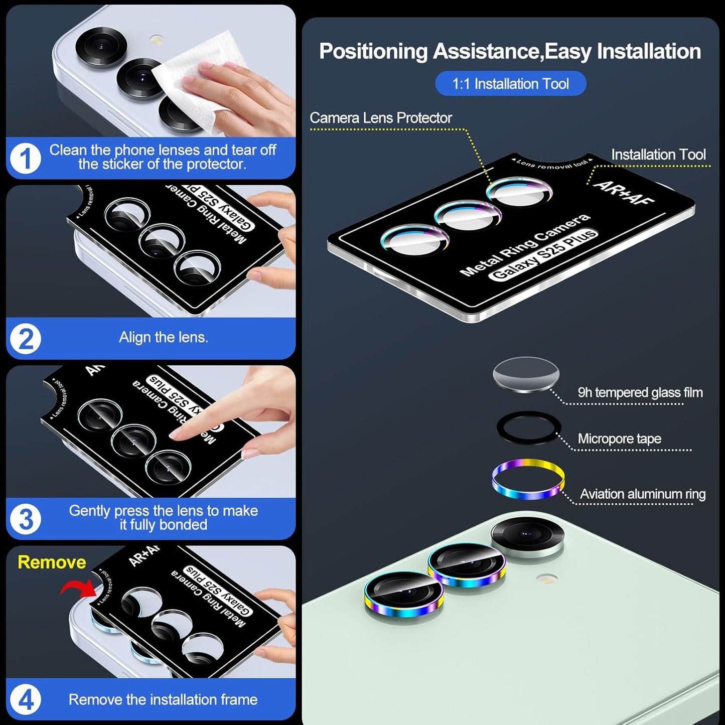 for Samsung Galaxy S25 Plus Camera Lens Protector, Individual Metal Ring Tempered Glass Lens Cover, [Strong Adsorption] Scratch Resistant Ultra-Thin HD Clear Lens Cover, 1 Set-Colorful Ring