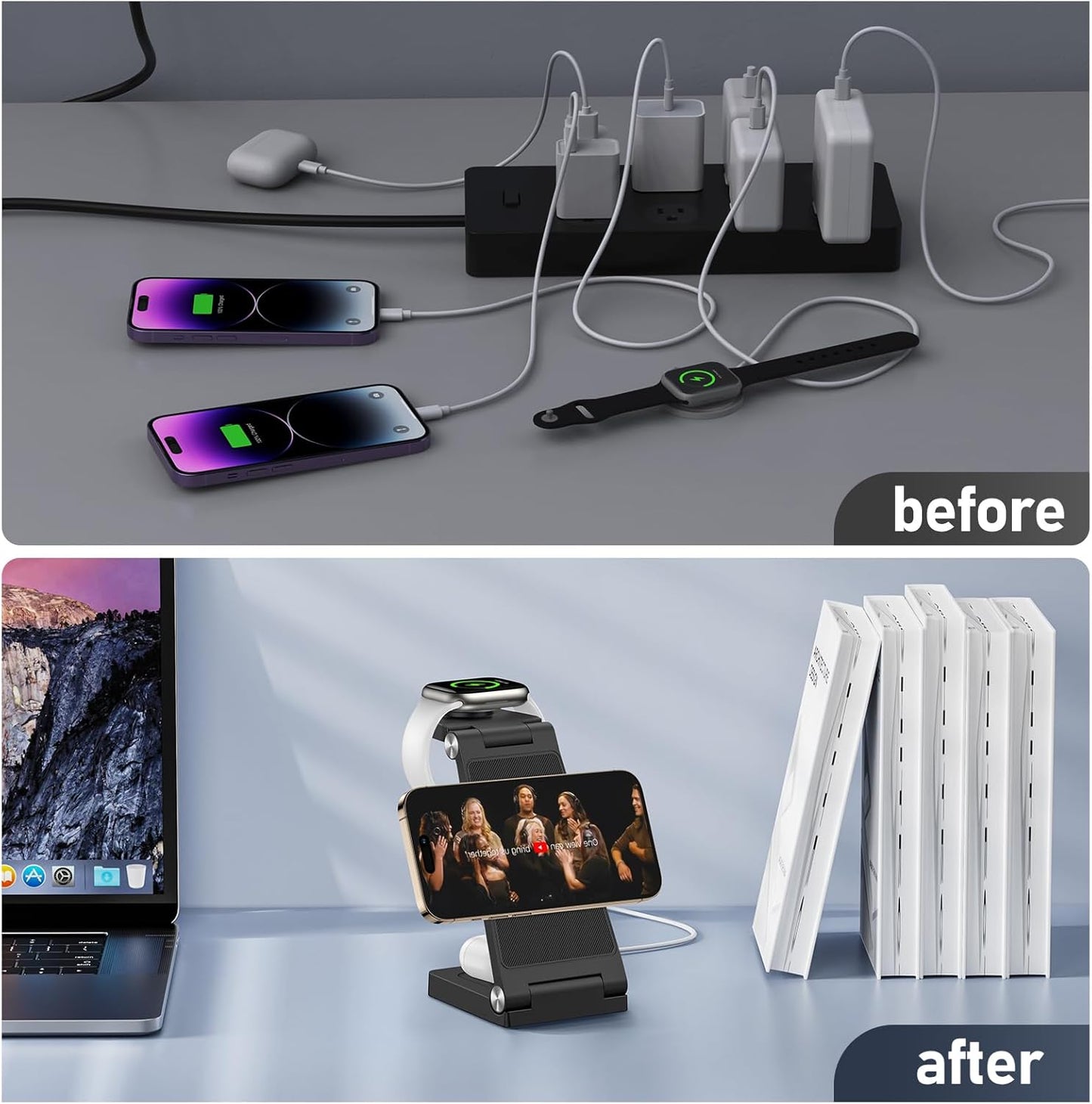 Magnetic Wireless Charger Stand, 3 in 1 Foldable Wireless Charging Station, Travel Charger for Multiple Devices for iPhone 16 15 14 13 12 Series, Apple Watch Ultra/9/8/7/6/5/4/3/2, AirPods