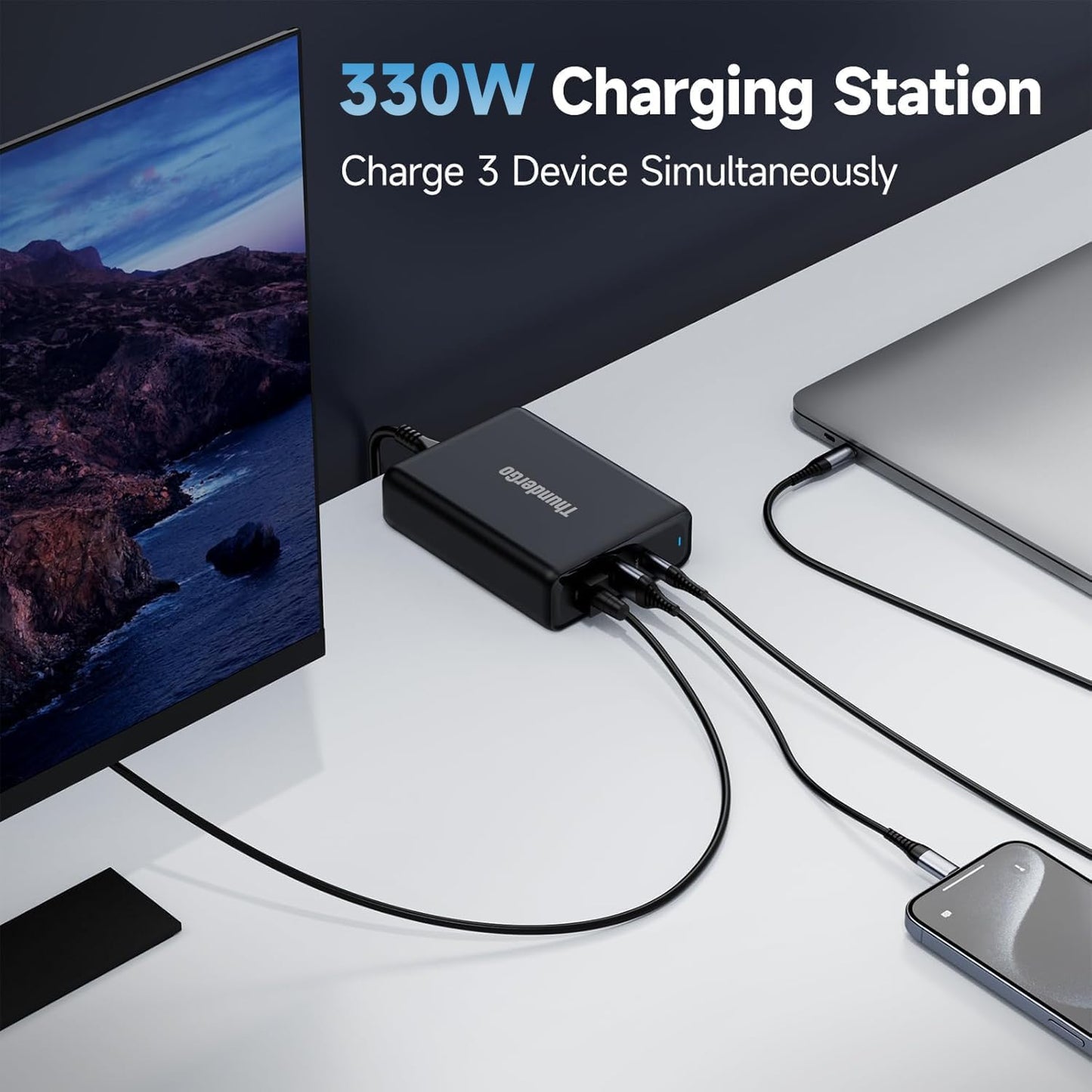 330W USB C Charger, Fast Compact 3-Ports GaN Charger PD 3.0 Fast Charging Station for MacBook Pro/Air, iPhone, iPad Pro, Dell XPS, Galaxy, Pixel, Apple Watch, and More