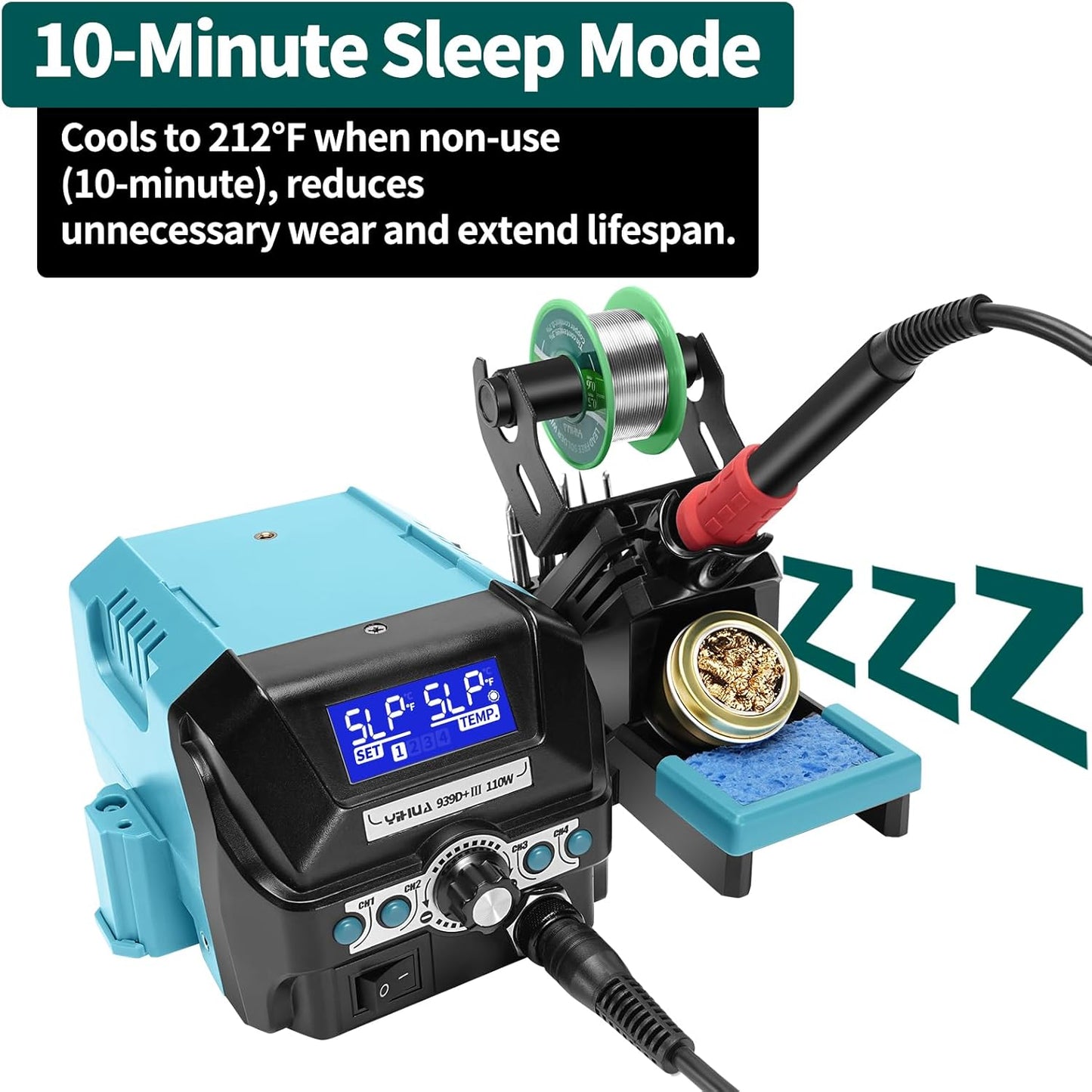 YIHUA 939D+ III EVO Digital Soldering Iron Station Kit 110W High Power with LCD display, 4 Memory Channels, Sleep Mode, Digital Calibration, Solder Wire, Helping Hands, Magnifier, 3 Soldering Tips