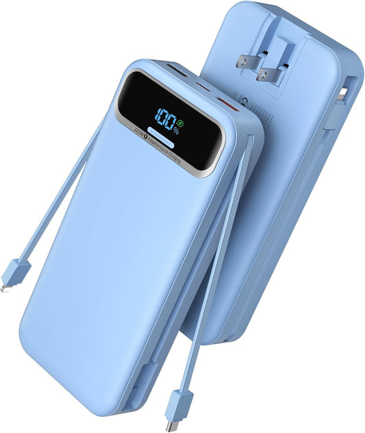 Portable Charger Power Bank with Built in Cables and AC Wall Plug,PD20W&SCP22.5W USB-C Super Fast Charging,20000mAh Travel Phone Charging,LED Display Battery Pack Compatible All iPhone Samsung etc