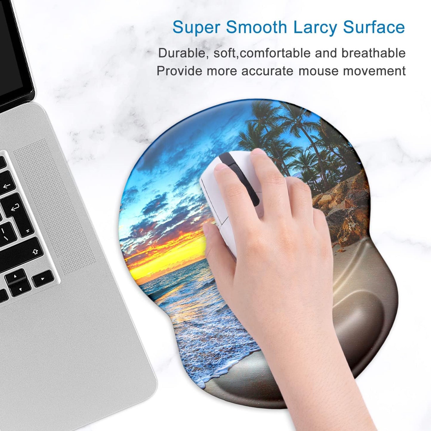 ITNRSIIET Ergonomic Mouse Pad with Gel Wrist Support Small Wrist Rest Smooth Surface Non-Slip PU Base Comfortable Office Supplies Pain Relief, 8.7 x 7.2 inches, Beach