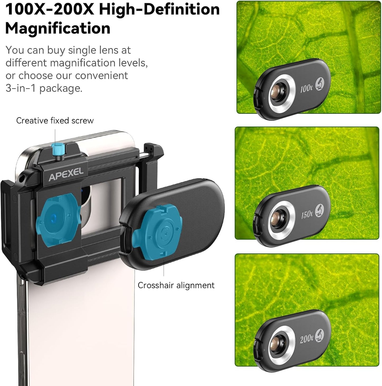 APEXEL 3-in-1 Phone Microscope Lens, 100X/150X/200X Nano Zoom Phone Micro Lens for Android/iPhone with LED UV Light/CPL/Universal Clip, Mini Pocket Digital Microscope, Portable Smartphone Camera
