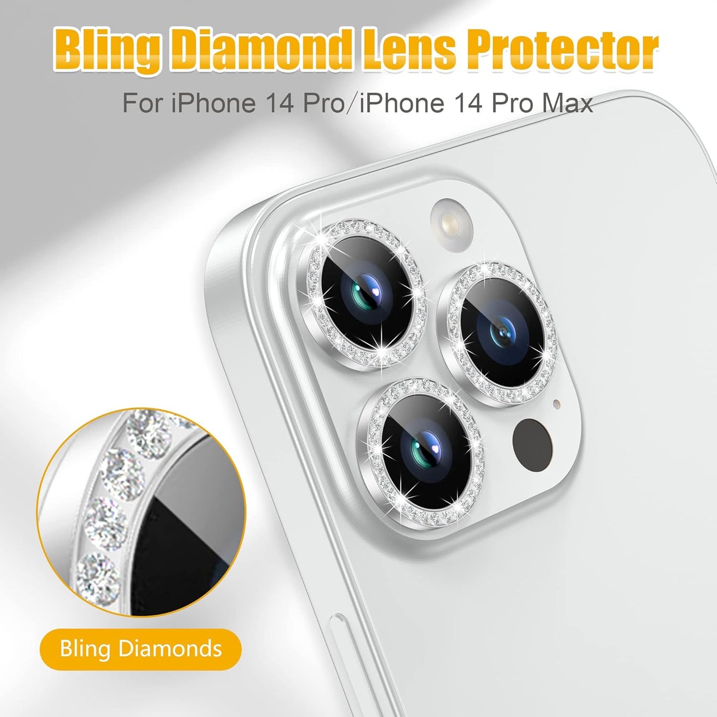AGVEE 3+3 for iPhone 14 Pro 6.1" / 14 Pro Max 6.7" Camera Lens Protector, Bling Diamond & Bling Glitter Metal Ring 9H Tempered HD Glass Camera Screen Protector Cover Film, Silver