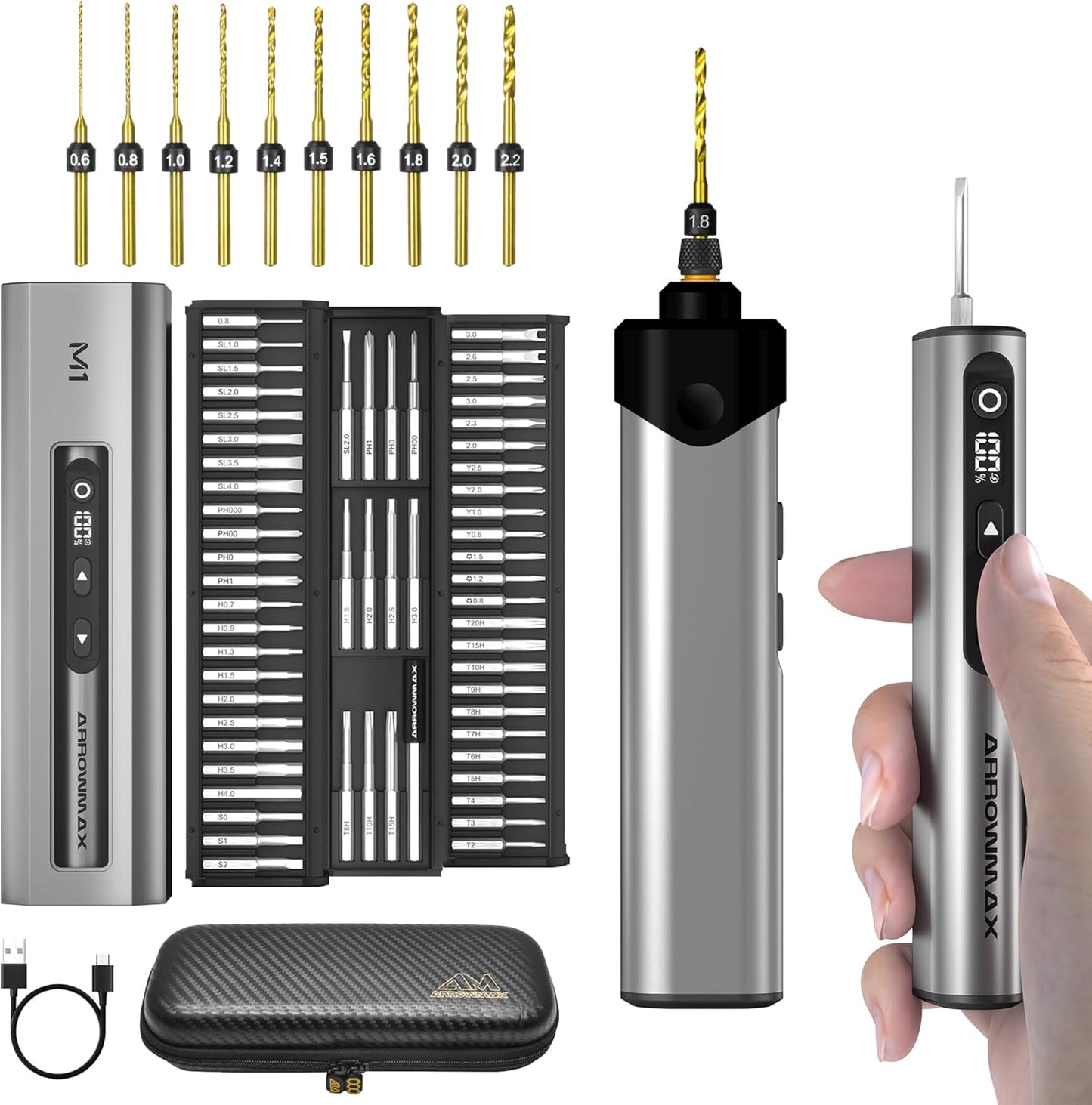 AM ARROWMAX Mini Electric Screwdriver & Drilling Adapter, 600RPM Precision Screwdriver | Mini Electric Drill 2 in 1 Tool Set, 70 Bit, 5 Torque Settings, Power Screwdriver for Phones Watch Laptops