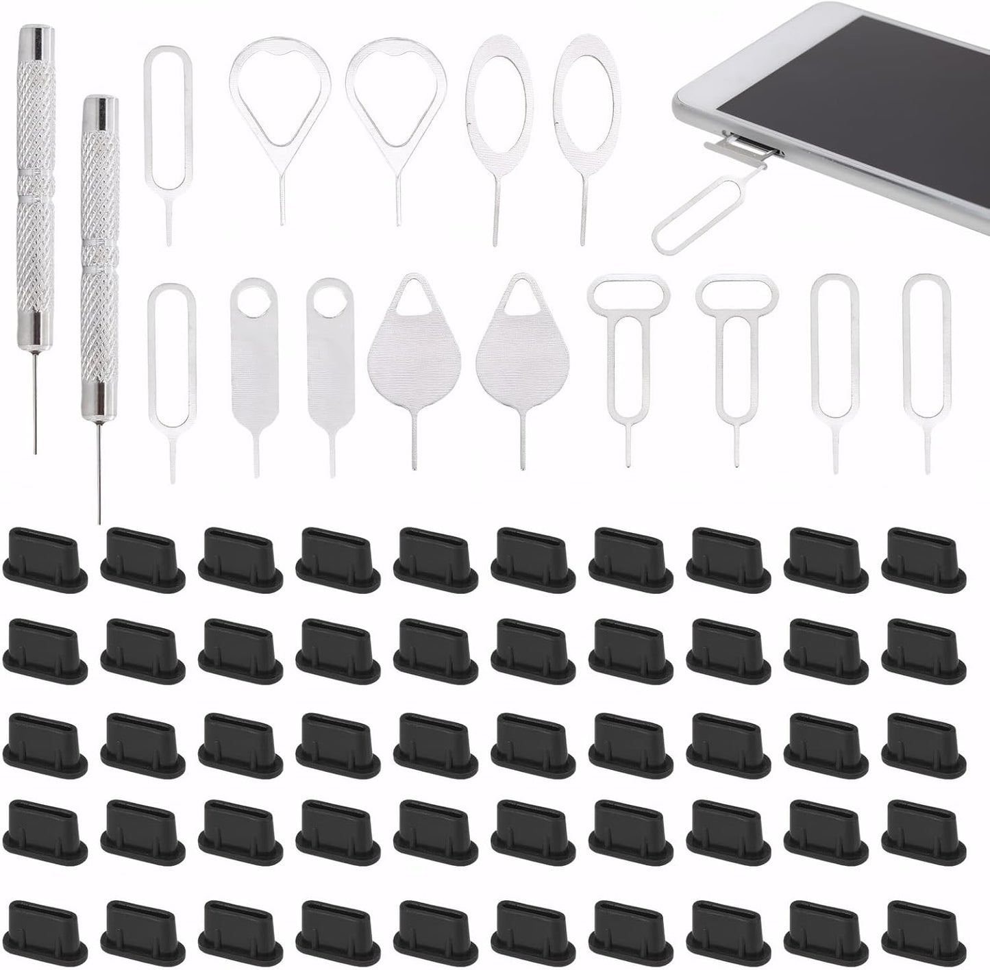 16 PCS Sim Card Removal Tool, Sim Ejector Tool, Comes with 50 Pieces of Mobile Phone Dust Plugs Type-C Data Plugs, Small and Portable, Available for All Mobile Phones