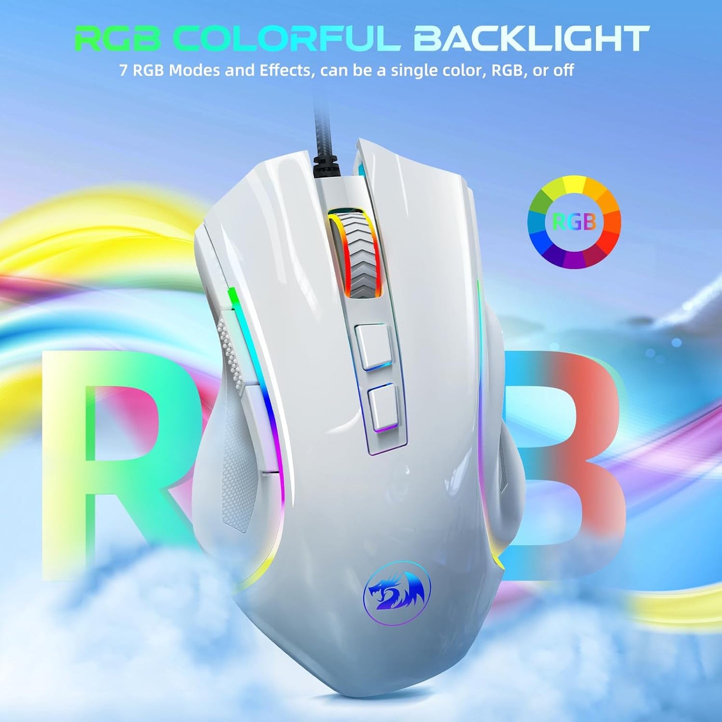 Redragon M602 Gaming Mouse, Ergonomic RGB Gaming Mouse Wired with 7200 Adjustable DPI, 9 Programmable Buttons, Professional Software for Gamer Office [White]