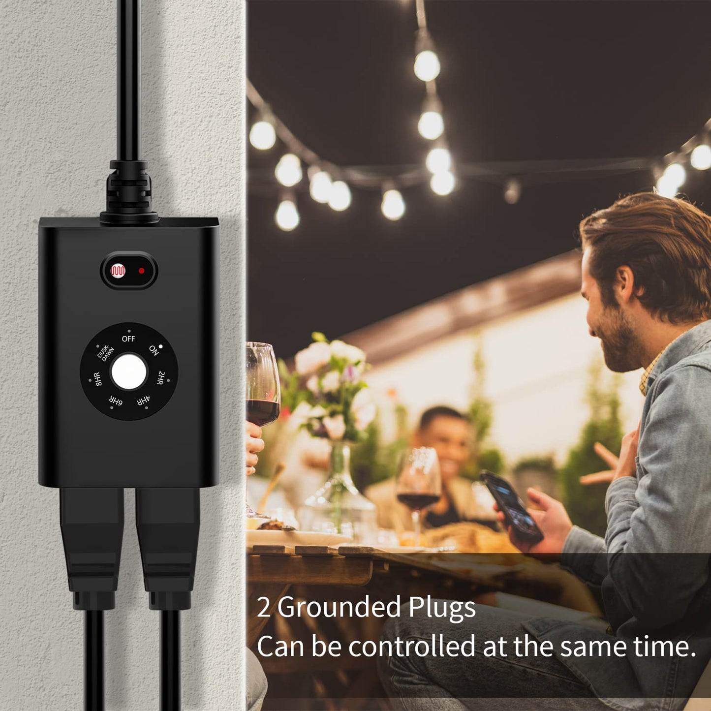 Minoston Outdoor Timer Outlet Waterproof, Dusk to Dawn Photocell Light Sensor Socket, 2/4/6/8 Hours Cutdown Timer, 2 Grounded Outlets for Christmas and Hallowen Deceration, Black(MP40T)