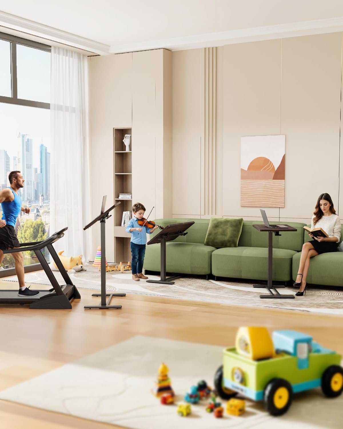 SANODESK Medical Adjustable Overbed Bedside Table with Casters 90° Tilt Top Pneumatic Mobile Rolling Laptop Computer Standing Desk Cart with Tray, Hospital and Home Use(31.5" W x 17.7" D,Rustic Brown)