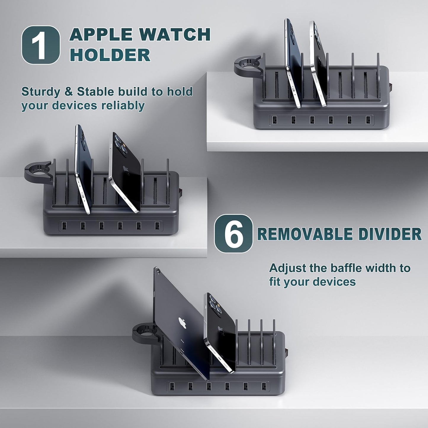 Charging Station for Multiple Devices, 6 in 1 Charger Station Multiple Charging Station for Cellphone Tablet iPhone iPad and More-50W Charging Dock with Mixed Charging Cables