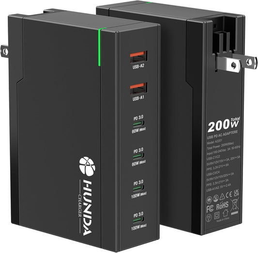 HUNDA 200W USB C Charger GaN Charging Station 6 Ports Fast PD 100W Type C MacBook Charger Desktop Adapter Support PD3.0 /PPS 45W /QC5 for MacBook Pro/Air, iPhone 15/14, Galaxy s24/s23,HP,Dell etc