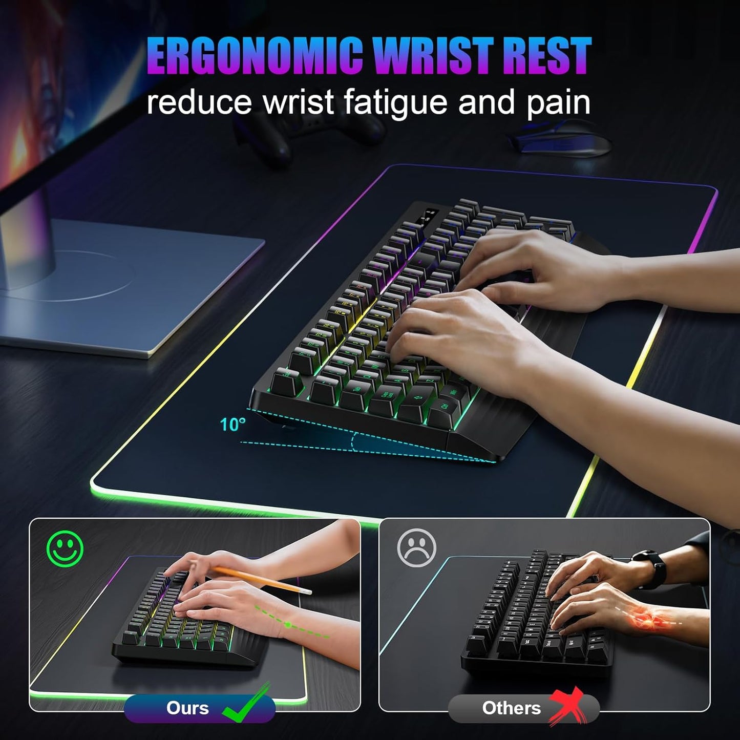 Wireless Gaming Keyboard, RGB & Single-Color Backlit, Full-Size Waterproof Computer Keyboard, Silent Keys, Wrist Rest, Sleep Mode, Rechargeable 2.4G Wireless Keyboardfor Windows, Mac, PC, Laptop