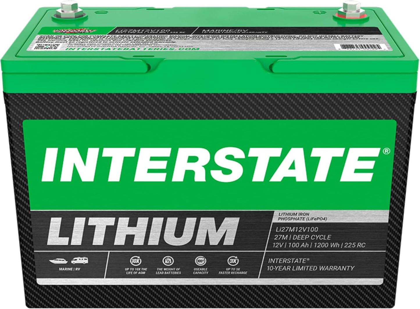 Interstate Batteries 12V 100Ah Group Size 27M Lithium Marine/RV Deep Cycle LiFePO4 Battery, Maintenance Free, Lightweight, Ideal For Boats, RV Camping, Off-Grid, Yachts (Li27M12V100)
