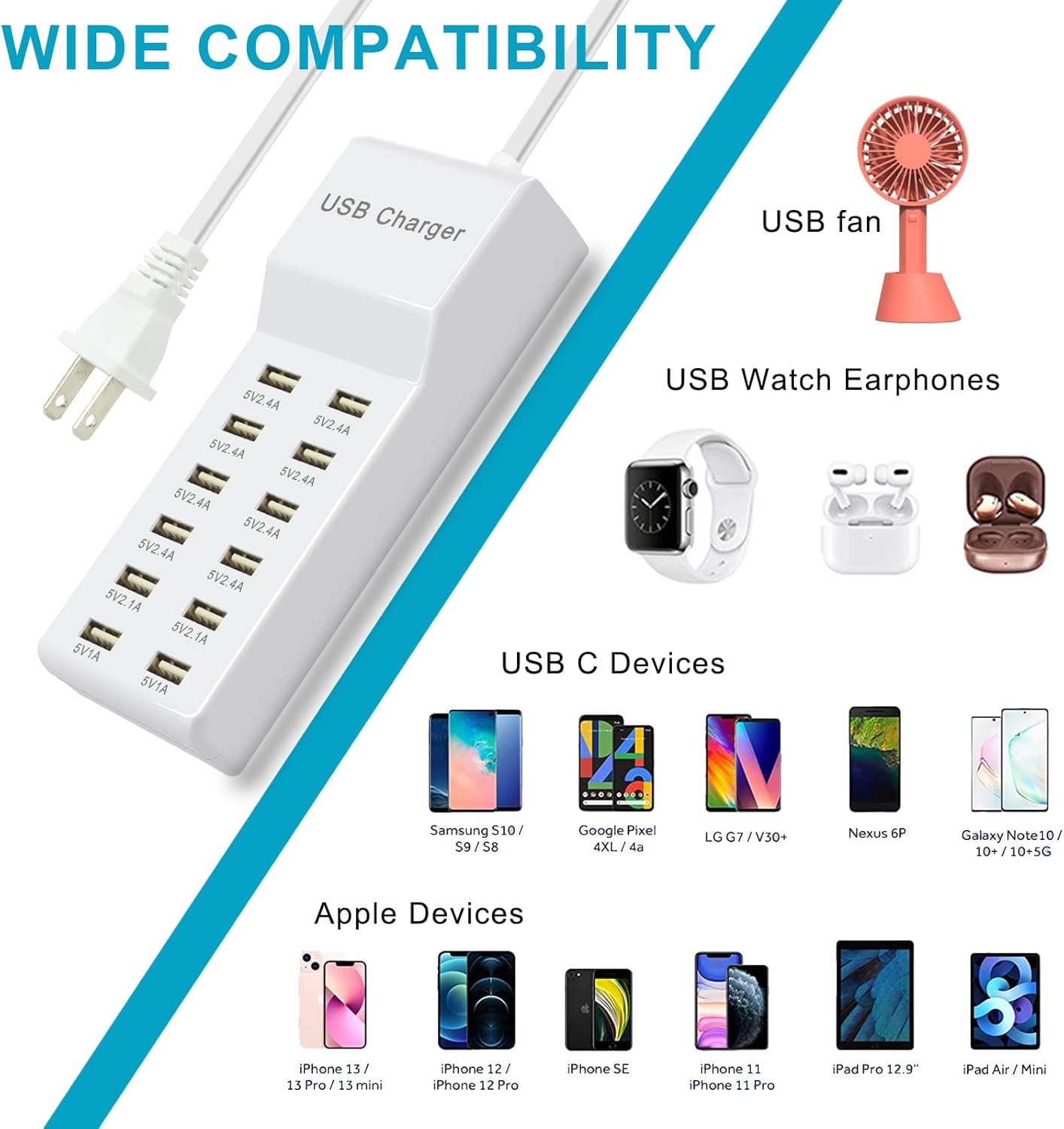 Multiple USB Charger Station 12 multiport Charger Station Hub with Fast Charging Wall Charger for Multiple Devices USB Charging Port Compatible with Cell iPhone Android Smartphone Smart Watch