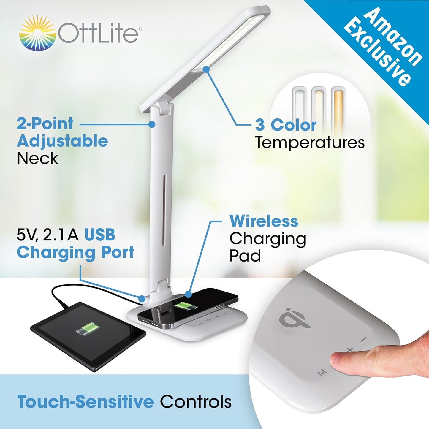OttLite Charge Up LED Desk Lamp with Wireless Qi Charging & USB Charging Port, with ClearSun LED Technology - Adjustable Neck, 3 Color Temperature Modes, Reduces Eyestrain - Travel-Friendly Task Lamp