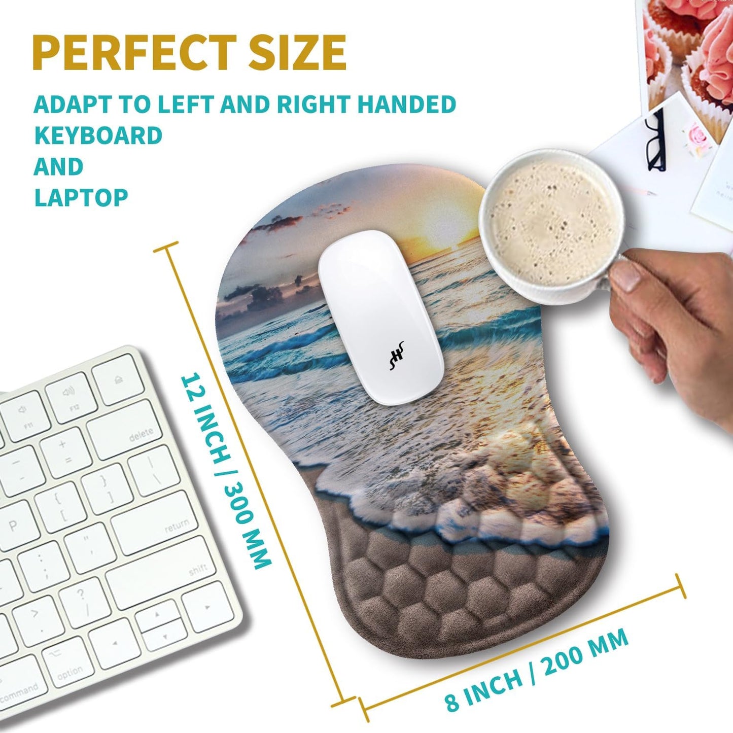 Hokafenle Ergonomic Mouse Pad Wrist Support, Wrist Rest Mousepad for Carpal Tunnel Pain Relief with Integrated Memory Foam Slope Massage Bulge (11.8x7.9 inch,Beach Sunset