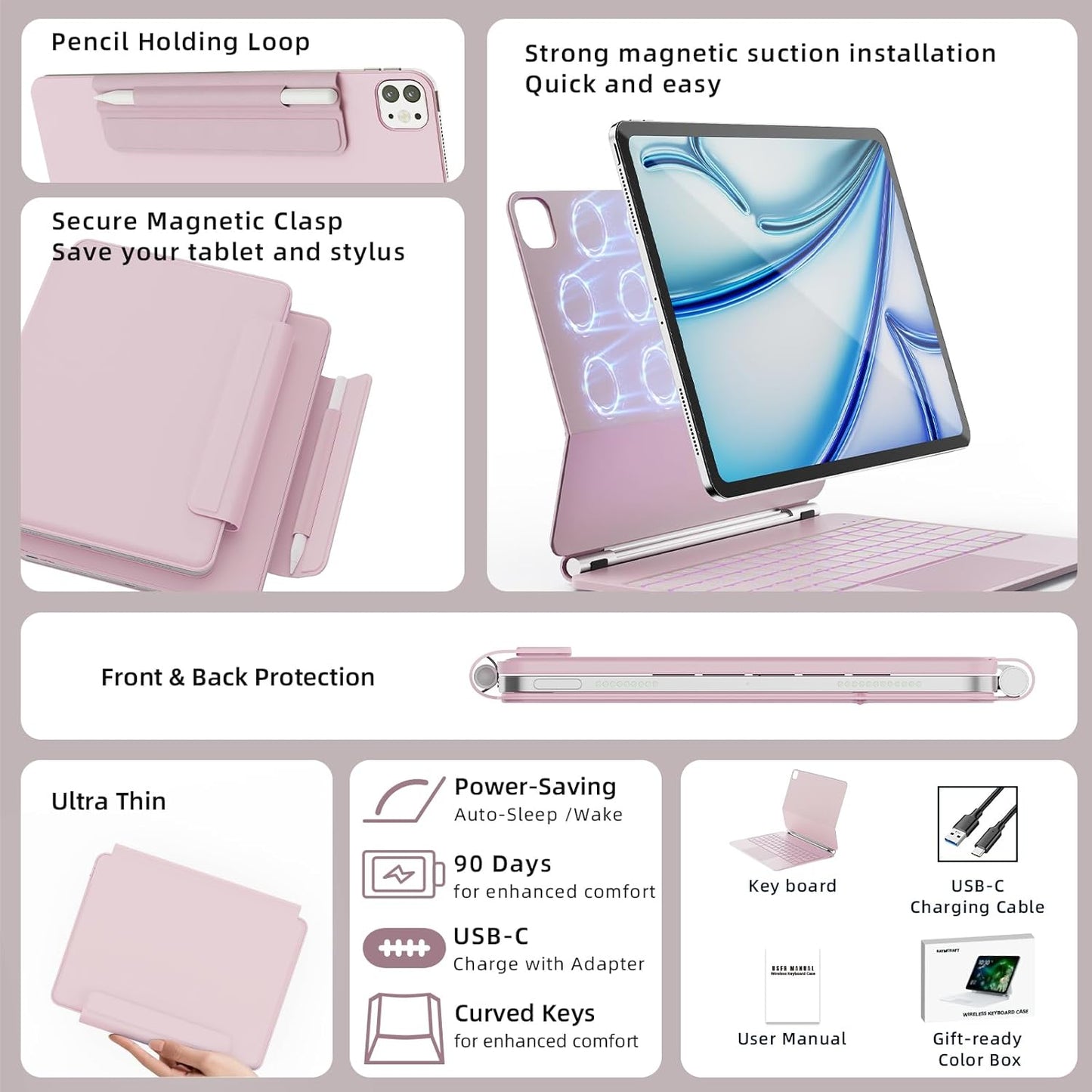 for iPad Air 13 inch Case with Keyboard (M3,2025 / M2,2024), iPad Pro 12.9 (6th/5th/4th/3rd Gen) Magic Keyboard, Springy Backlit Keys, Stain-Resistant Surface, Multi-Touch Trackpad, Pink