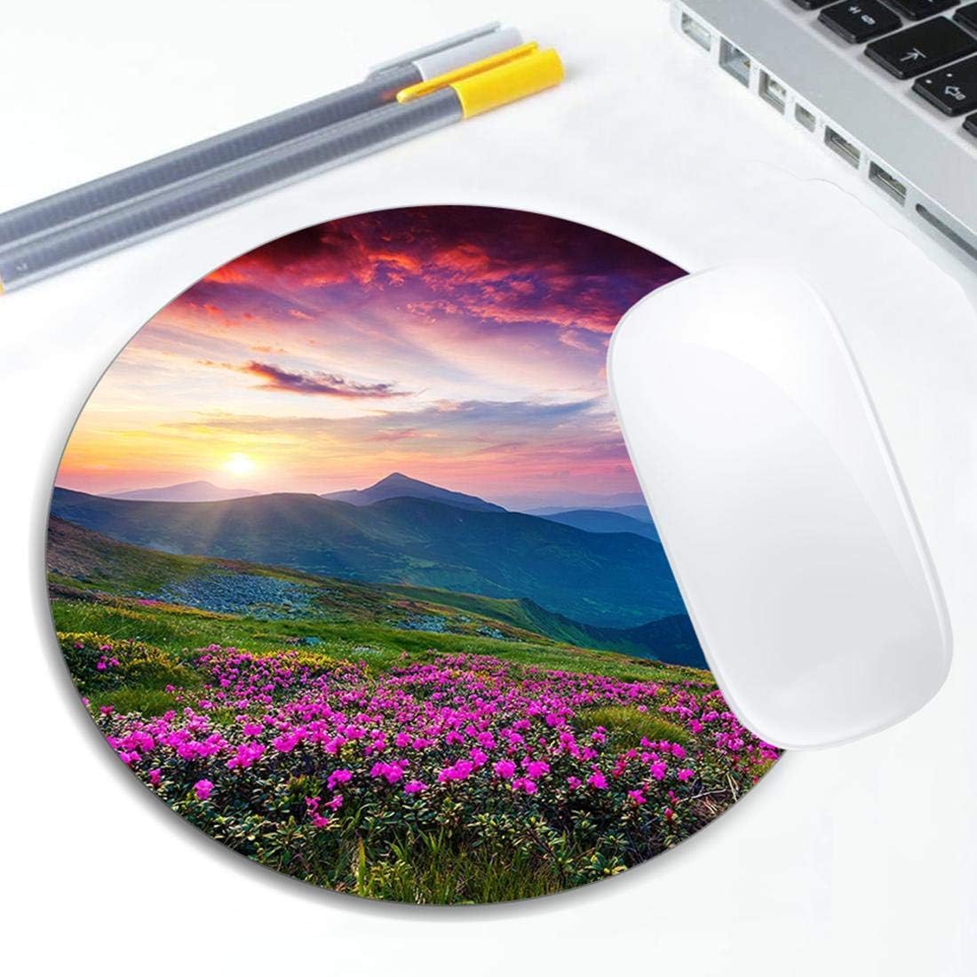 Nature Purple Flowers Meadow Mountain Scenic Mouse Pad Round Non-Slip Rubber Mousepad Laptop Office Computer Decor Cute Desk Accessories Customized Design Mouse Pad