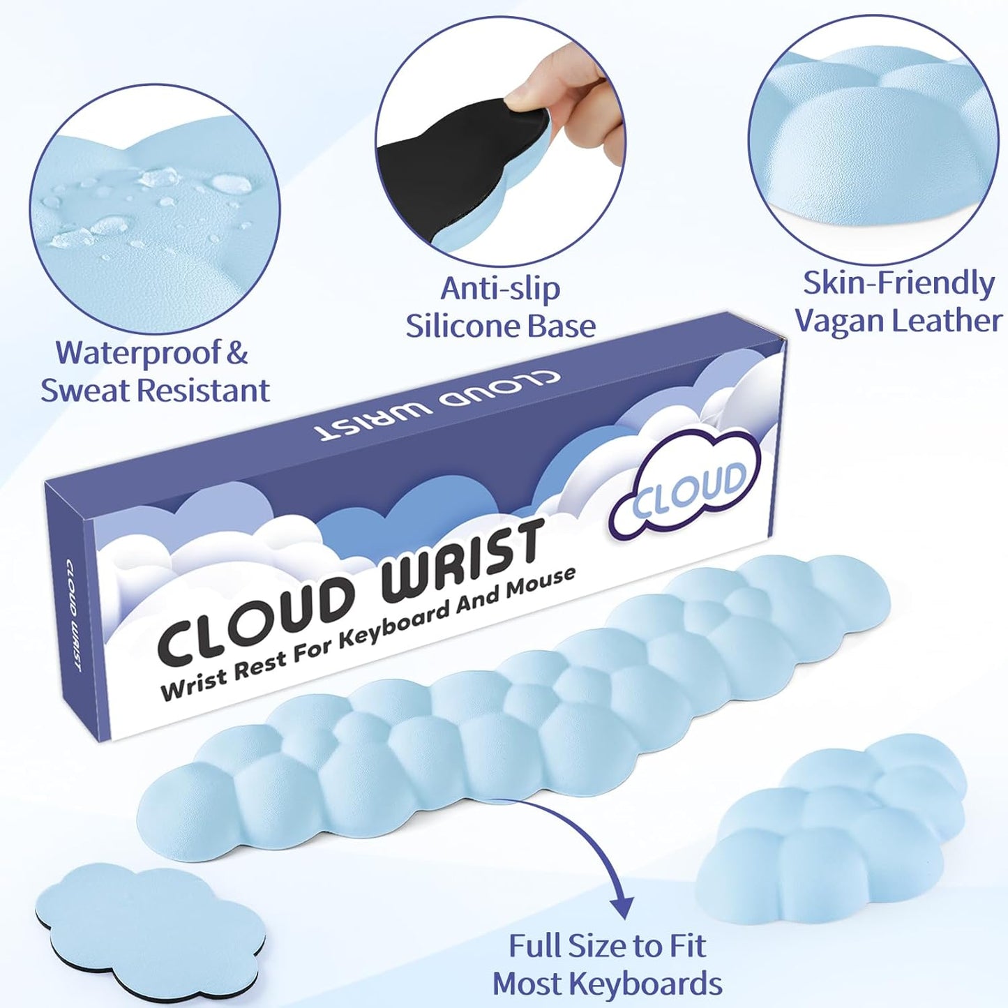 Cloud Wrist Rest for Keyboard and Mouse, Memory Foam PU Leather Keyboard Wrist Rest with Ergonomic Support, Non-Slip Base, Cute Arm Rest Pad & Palm Cushion, Office Desk Accessory, Blue