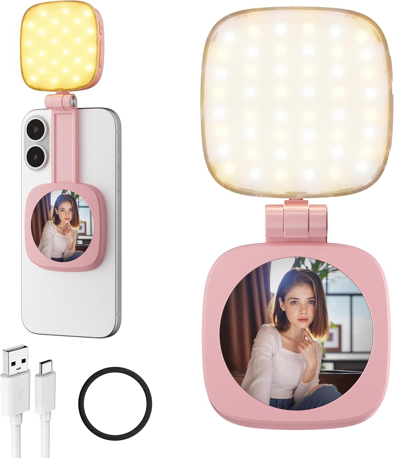 Magnetic Selfie Light for Phone: 5 Led Mode with Mirror Compatible for iPhone & Android - Rechargeable Portable Fill Light for Photography/Video Recording/Conference/Vlog/Makeup (Pink)
