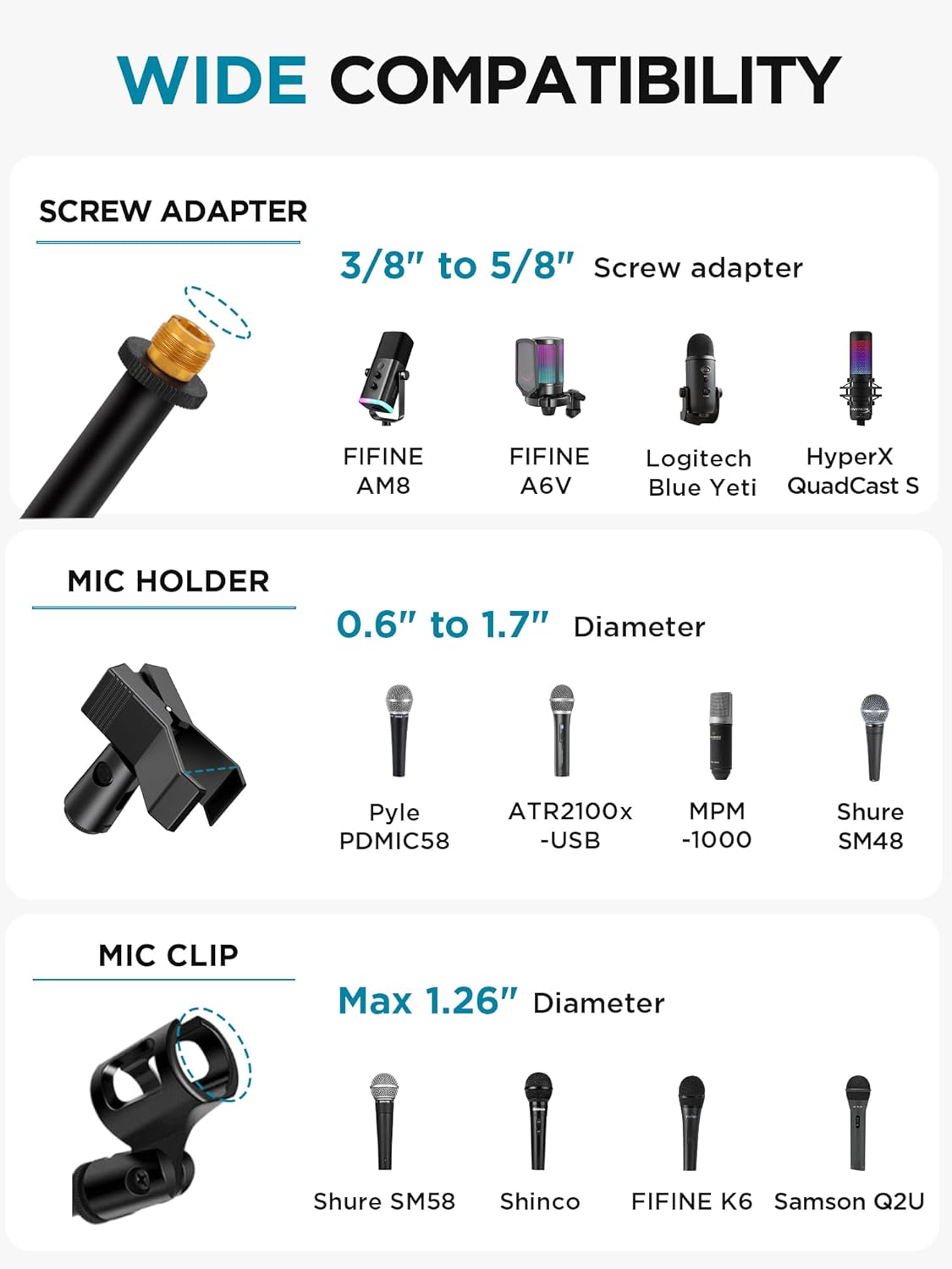 InnoGear Microphone Stand, Tripod Boom Arm Floor Mic Stand Height Adjustable Heavy Duty with Carrying Bag 2 Mic Clips 3/8" to 5/8" Adapter for Singing Podcast for Blue Yeti Shure SM58 SM48 Samson Q2U