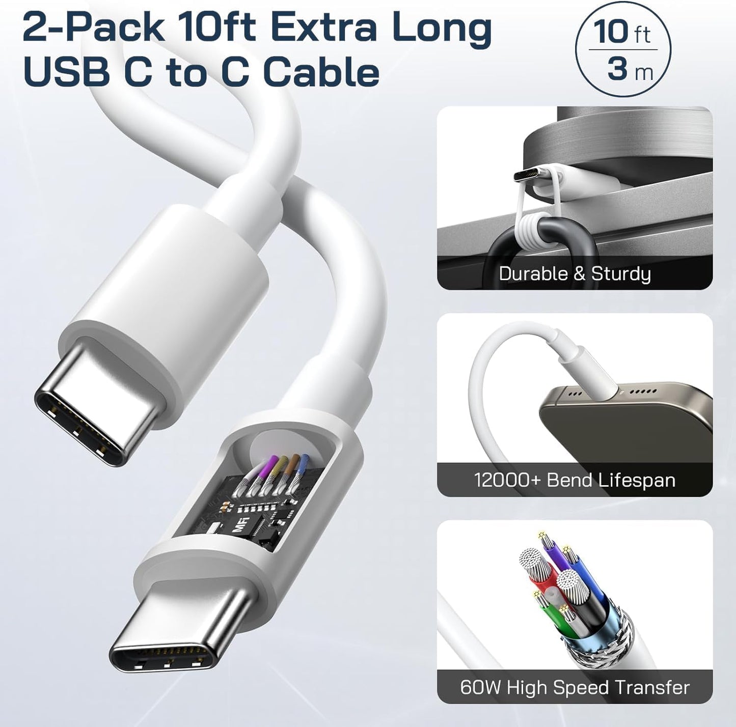 iPhone 16/15 Charger Fast Charging, 2Pack 10FT Long USB C to C Apple Fast Charging Cable Cord with 20W PD USB C Fast Charger Block for iPhone 16/15/15 Pro/15 Pro Max/15 Plus, iPad 12.9/11/10.9/Air 5/4