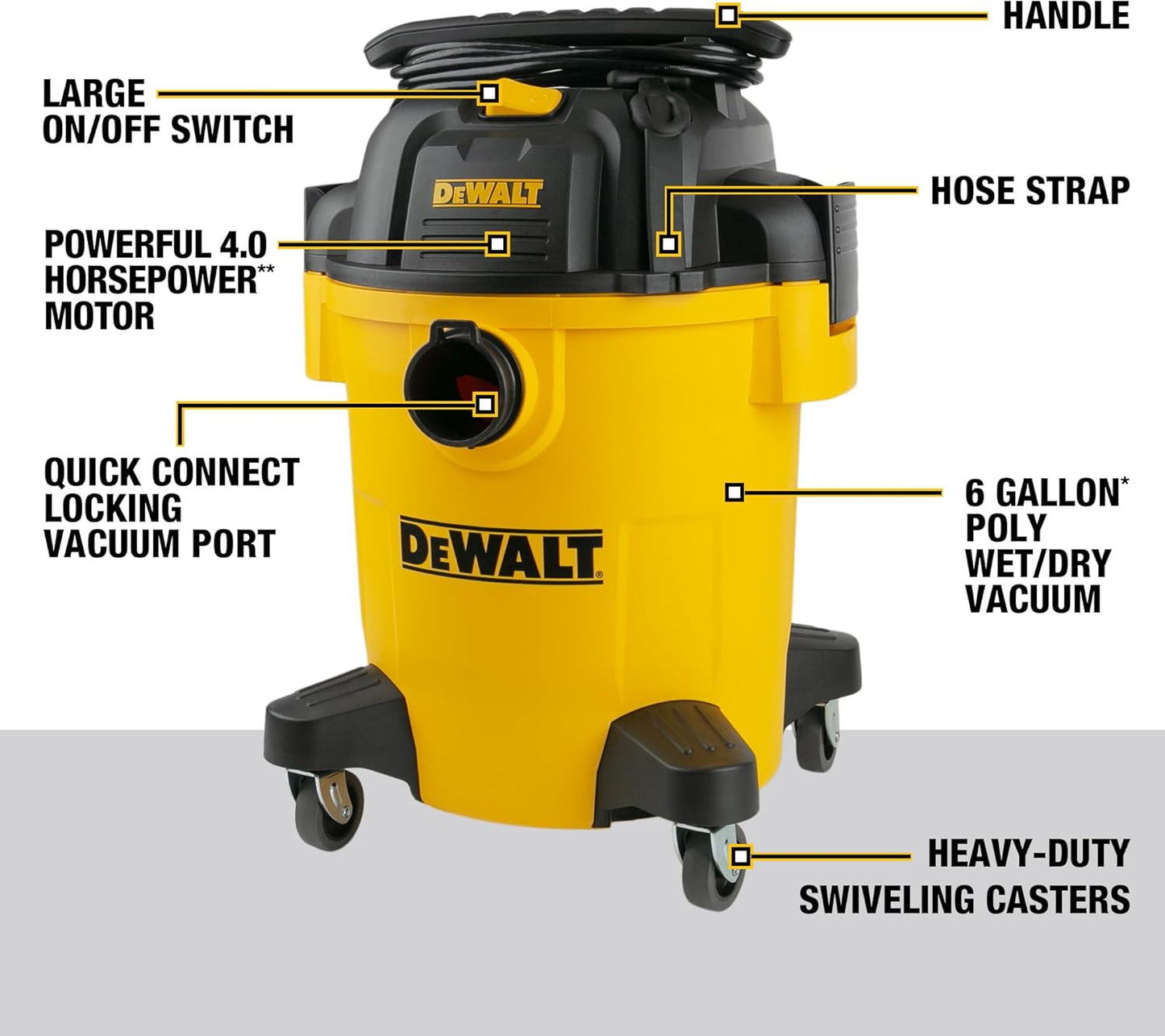 DEWALT Shop Vacuum 6 Gallon 4HP Poly Wet Dry Vacuum Ultimate Cleaning Solution for Construction Workshop Environments for Jobsite Garage Home W/Inflation Ket, Yellow, DXV06PL