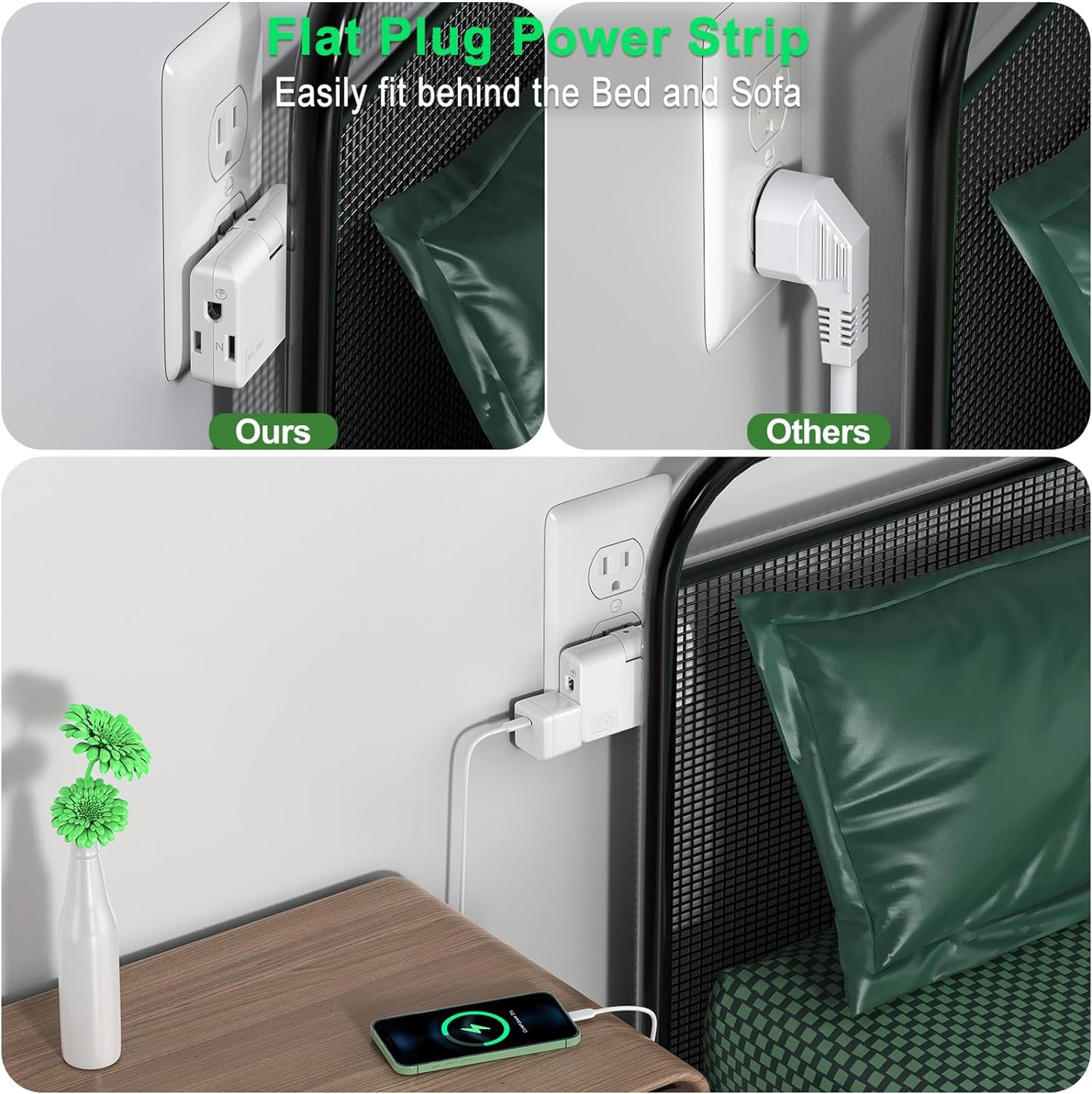 2-Prong/3-Prong Swivel Adapter, Polarized Grounding Converter with Flat Wall Plug, Fireproof 3-Outlet for Home Use (2 Pack)