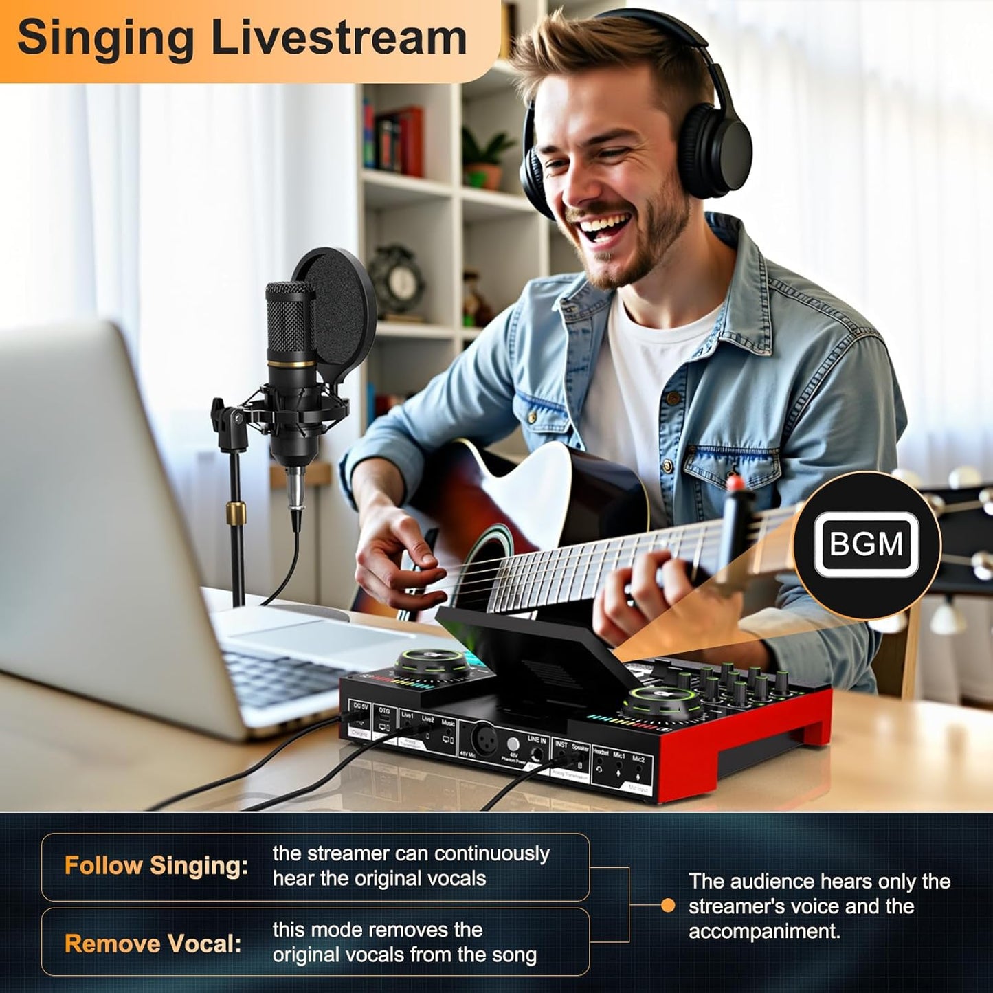 Audio Mixer, Sound Board for Pc/Phone Live Streaming Singing Gaming, Sound Mixer for 3.5mm/Xlr Dynamic/48V Microphone, Live Sound Card with DJ Mixer Effects & Voice Changer, Denoise, One Click Mute