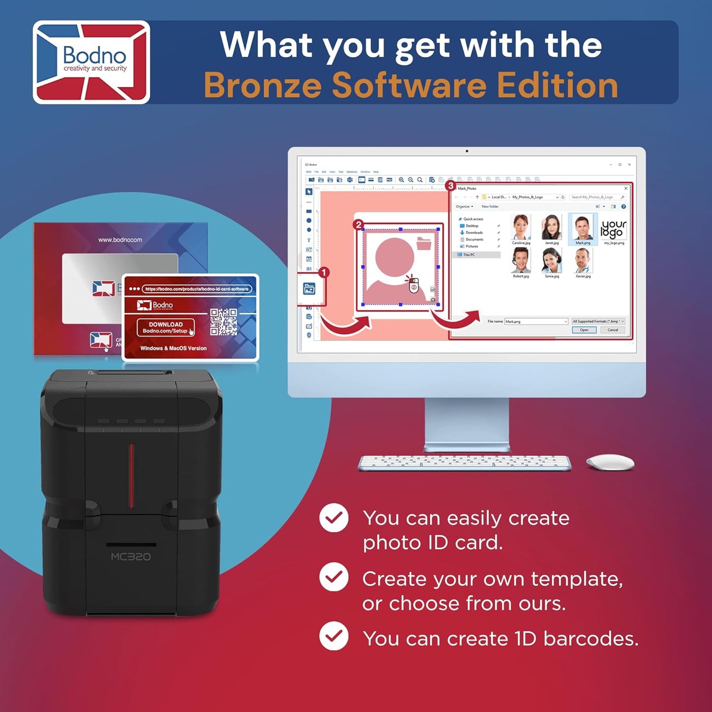 Bodno Matica MC320 Direct-to-Card Single Sided ID Card Printer & Complete Supplies Package Bronze Edition ID Software